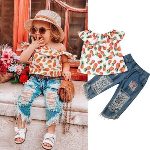 Imcute 2020 Summer Toddler Baby Girl Clothes Off Shoulder Fruits Print Ruffle Tops Ripped Jeans 2Pcs Outfits Clothes 1-6Y