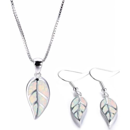 Fashion Leaves Jewelry Set Cute Blue Imitation Fire Opal Pendant Necklace/Dangle Earrings For Women Accessories Party Girl Gift