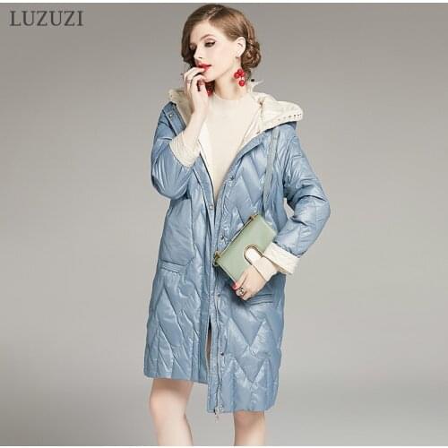 LUZUZI 2021 Women Knitted Patchwork Hooded Jacket Female Winter Warm White Duck Down Coat Parka Long Outwears casaco feminino