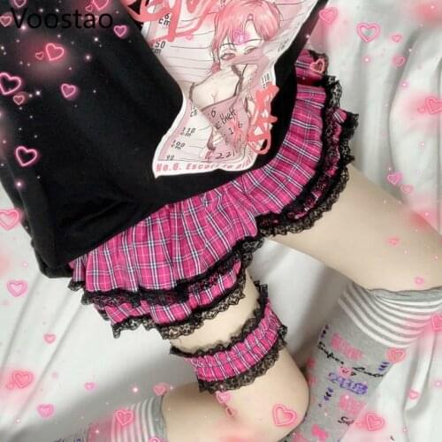 Gothic Lolita Style Mini Skirts Women Sweet Pink Plaid Lace Trim Tiered Skirt Korean Girls Sexy Harajuku High Waist Punk Skirts
