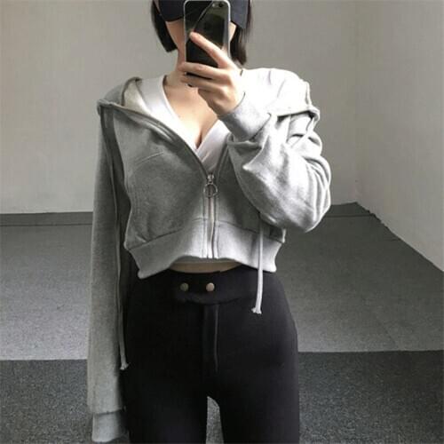 Fashion Women Sweatshirt Cool Gym Hoodies Solid Crop Hoodie Long Sleeve Jumper Hooded Zipper Coat Casual Sweatshirt Tops Girl