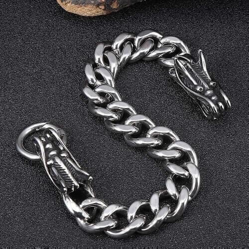 New Gothic Double Dragon Head Stainless Steel Bracelet Men 316L Charm Link Chain Male Bracelets Jewelry
