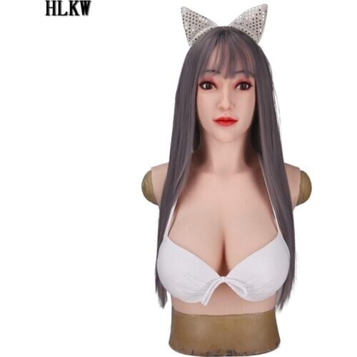 New D Cup Fake Silicone Breast Forms Head Mask Half Body Huge Boobs Transgender Drag Queen Shemale Mask Crossdress for Men Cos
