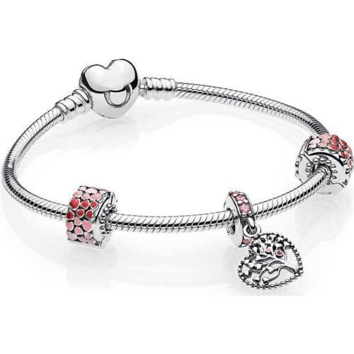 NEW 2018 Valentines Day Newest 100% 925 Sterling Silver Bracelet Set Heart shaped Charm Bead for Fishion Women DIY Bangle