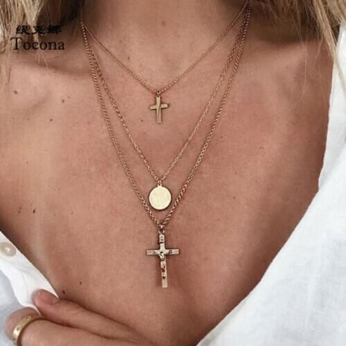 Tocona Vintage Cross Pendant Necklace for Women Charming Multilayer Gold Color Alloy Metal Geometric Party Jewelry 6587