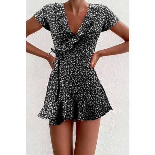 Summer Dress Women’s Floral A-Line Dress Sweet Elegant Ruffles V-neck Bandage Short Dress Lady Chic Flower Mini Dress Streetwear
