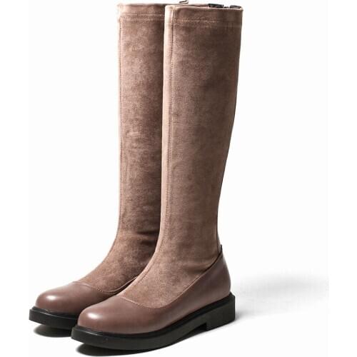 Flat Heel Stretch PU Stitching Flock Knee-Length Boots, Back Zipper Low Heel Warm Winter Round Toe Short Plush Fashion Boots