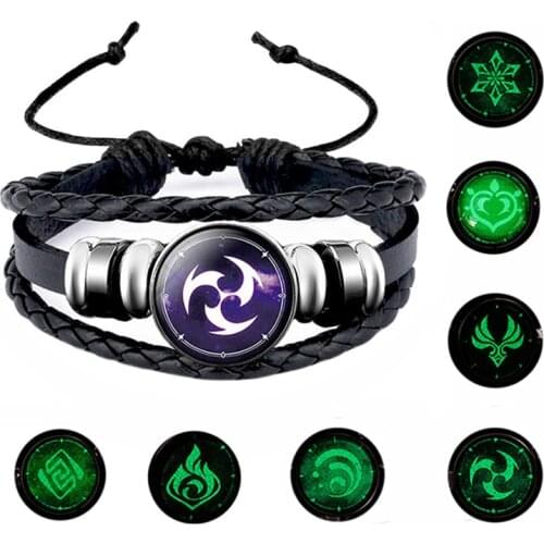 Genshin Impact Luminous Leather Bracelet Eye of God Element Glass Snap Button Glow In Dark Bracelets Cosplay Jewelry