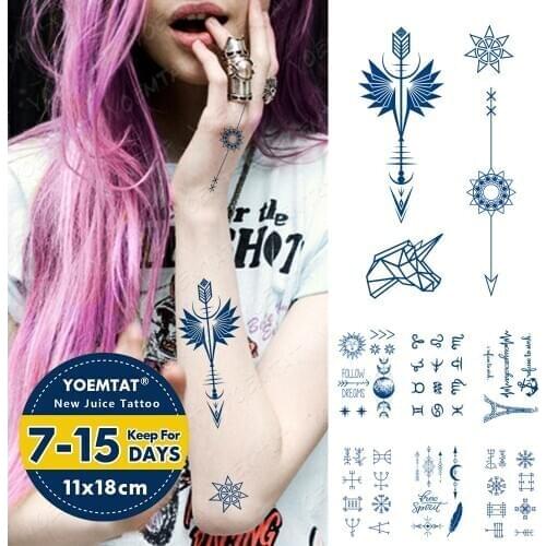 Juice Ink Lasting Waterproof Temporary Tattoo Sticker Sun Double Wing Arrow Unicorn Earth Flash Tatoo Woman Body Art Fake Tatto
