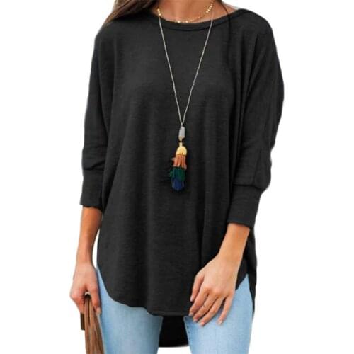 Women Casual Solid Color 3/4 Sleeve O Neck Irregular Hem Plus Size Loose T-shirt
