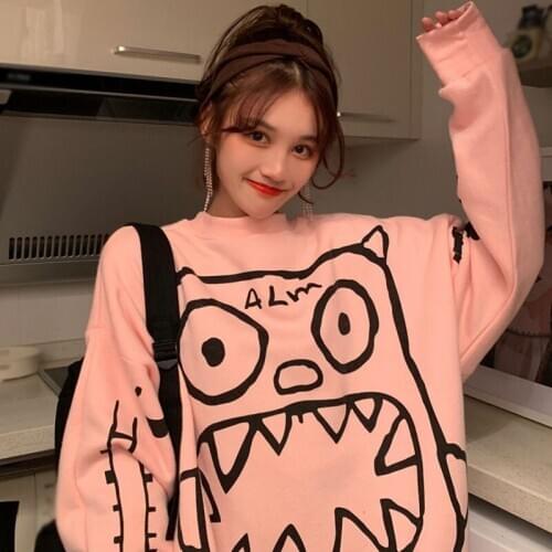 Harajuku Streetwear Women Autumn Long Sleeve Hip Hop Pullovers Hoodies Cute Cartoon Print Sweatshirt Casual Tops New