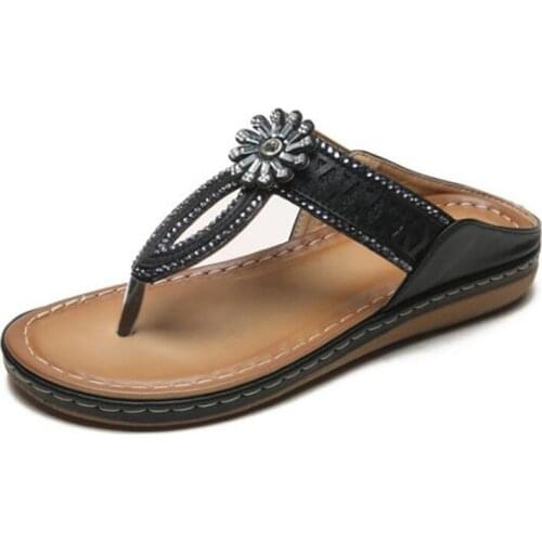 Womens Non-slip Thongs with rhinestone flowers Bohemia T-strap Sandals Flat Flip Flops Plus size