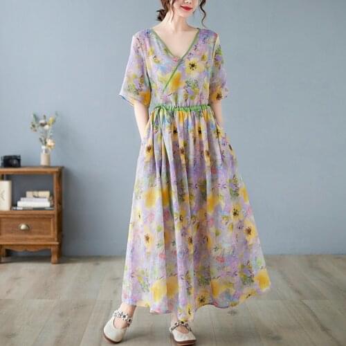 Women Summer Elegant A-line Long Dress New Arrival 2021 Vintage Style V-neck Floral Print Loose Female Casual Maxi Dresses B538