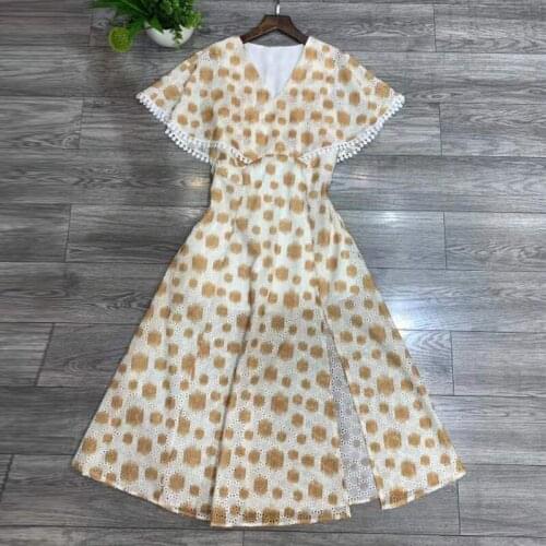 Designer Fashion Women Summer Dress Cloak Sleeve V-Neck Hollow Out Tassle Yellow Flower Print Split Midi Elegant Party Dress