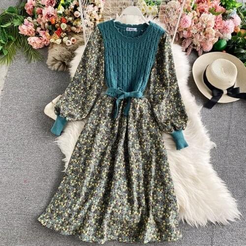Women Korean Knitted Dress Casual O Neck Puff Sleeve Bow Drawstring Patchwork A Line Dress Autumn Print Floral Dress