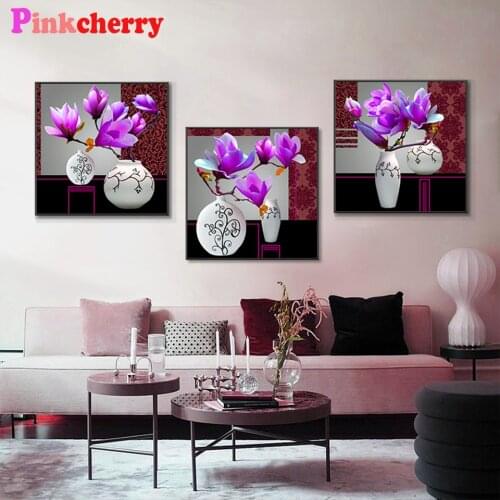 Embroidery Handicraft DIY Diamond Painting Full Square Round orchidee Cross Stitch Diamond Puzzle Flower Vase Triptych art
