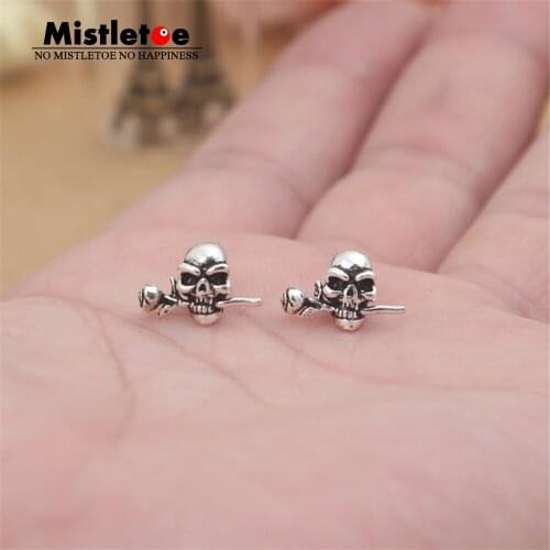 Authentic 925 Sterling Silver Vintage Punk Lucky Skull With Rose Stud Earrings For Women Or Men Jewelry