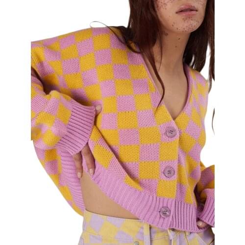 2021 Women Knitted Cardigan Splicing Checked V-Neck Long Sleeves Button-Open Knit Coat Knitted Fabric Yellow Purple
