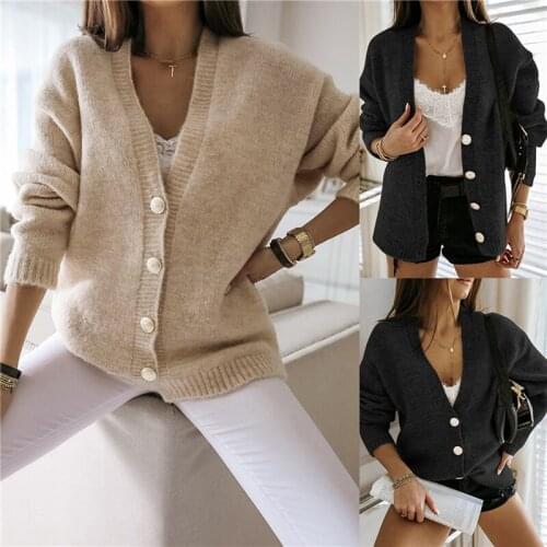 2020 Women Knitted Cardigans Sweater Fashion Autumn Long Sleeve Loose Coat Button Thick V Neck Solid Female Tops Wholesale