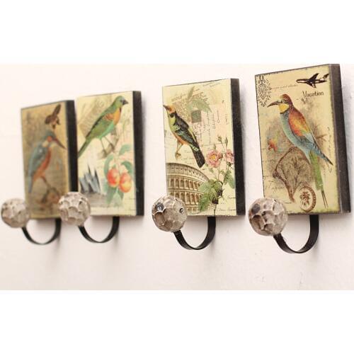New Creative gifts decorative wooden iron art rustic wall bird square cloth hanger antique hat coat door hook home vintage color