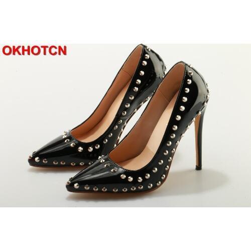 OKHOTCN Shoes Woman High Heels Pumps Rivets Womens Shoes Pumps 12CM Black Heels Woman Sexy Pointed Toe High Heels Wedding Shoes