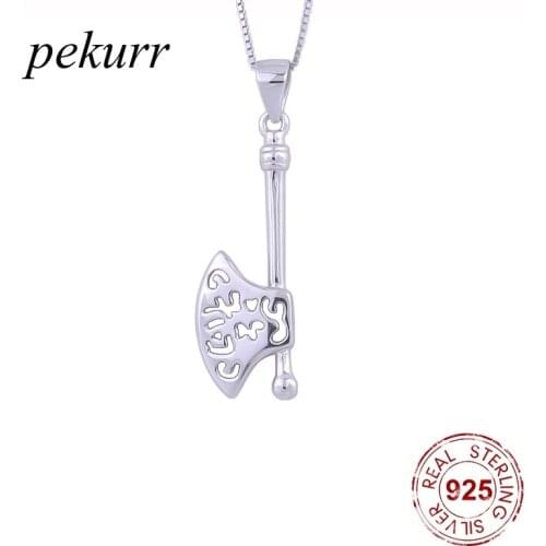 Pekurr 925 Sterling Silver Hollow Lucky Character Axe Necklaces For Women Men Chinese Character Ax Pendants Fashion Jewelry