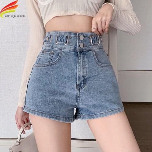 Summer 2021 High Waist Denim Shorts Women With Pockets Double Buttons Streetwear Blue Or Black Casual Short Jean Femme Hot Pants