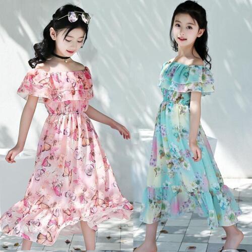 4 Patterns Shoulderless Vintage Dress Summer Girls Chiffon Floral Dress Bohemian Beach Long Dresses Breathness Linen Dress 2020