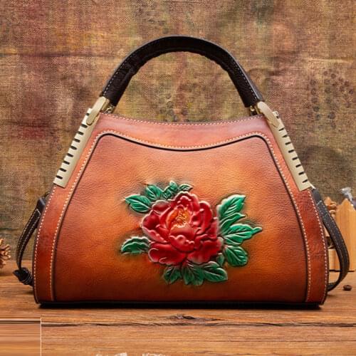 Natural Skin Women Messenger Shoulder Top Handle Bag Floral Designer Female Genuine Leather Shoulder Handbag Tote Bags