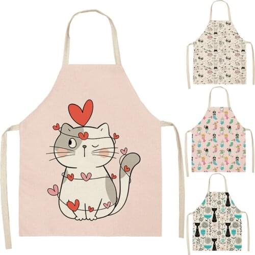 1 Pcs Kitchen Apron Cartoon Cute Cat Printed Sleeveless Cotton Linen Aprons for Men Women Home Cleaning Tools