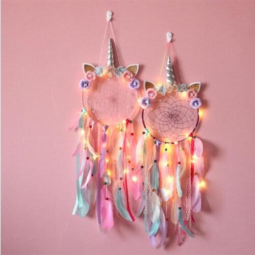 2021 Unicorn Dreamcatcher Feather Dream Catchers Feather Handmade Led Light Wall Hanging Tassels Dreamcatcher Home Decoration