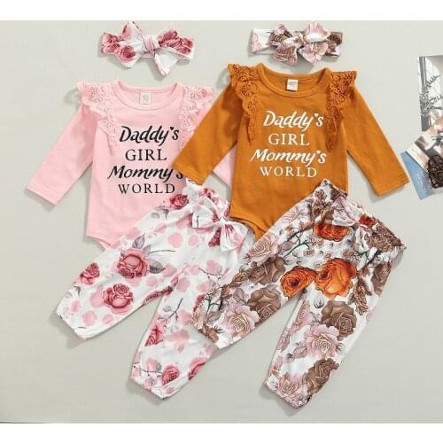0-18M Cute Newborn Baby Girl Long Sleeve Cotton Bodysuit Tops Floral Long Pant Headband 3PCS Baby Clothing Set