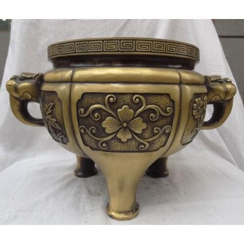Bi002115 16" Chinese Bronze Lion Head Statue Tibet Flower Sculpture Incense Burner Censer
