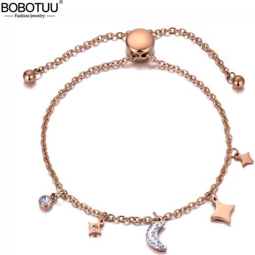 BOBOTUU New Titanium Steel Mosaic Crytal Moon Star Charm Bracelets For Women Trendy Adjustable Chain & Link Bracelet BB19147