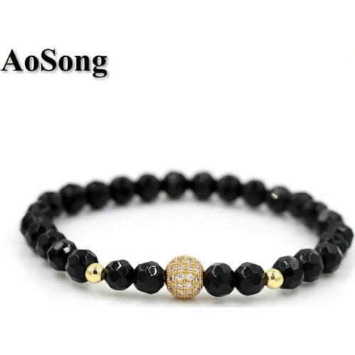 BPPCCR Faceted Black Onyx Stone 6mm Gold Color Shiny Micro Pave CZ Balls Men Women Boy Chakra Lucky Bracelets Pulseras Hombre