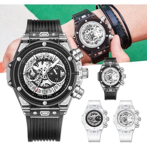 Mechanical Style Sports Watches Clear Shell Chronograph Dial Quartz Watch with Silicone Strap & Auto Date for Men Women A66