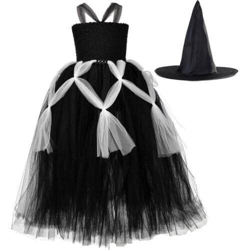 Kids Girls Spider Web Cobweb Halloween Costume Black White Witch Wizard Costume Tulle Tutu Dress Carnival Birthday Party Outfit