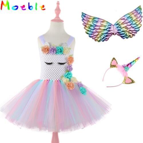 Moeble Rainbow Flower Kids Dress For Girls Unicorn Party Toddler Christmas Costume Child Princess Birthday Dresses With Headband