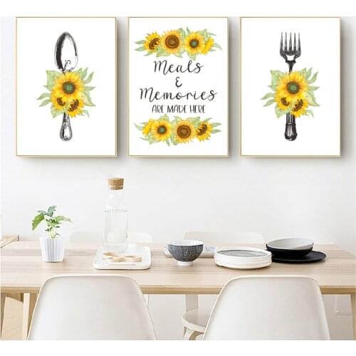 Farmhouse Kitchen Quotes Wall Art Canvas Posters Watercolor Sunflower Painting Knife and Fork Prints Dining Room Home Decor