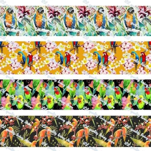 16-75MM Cartoon Tree&Parrot Printed Grosgrain Ribbon 50 Yards Tape Clothing Bakery Hairbow Gift Wrapping Accessory Hairbow Head