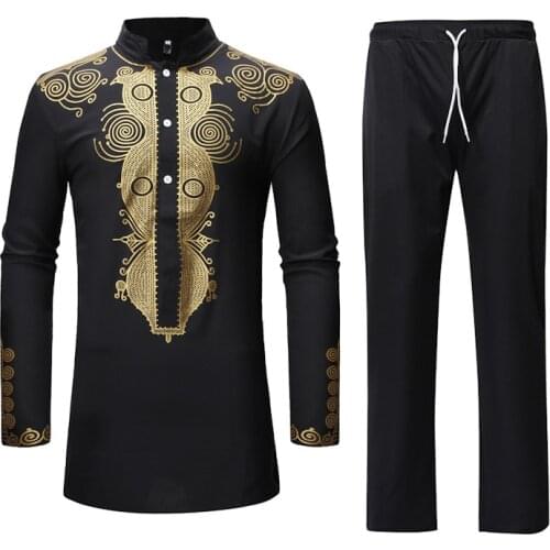 Black African Dashiki Men 2 Piece Set Print Shirts and Pants Man Long Sleeve Slim Tops Hip Hop Streetwear Afrian Clothes Male