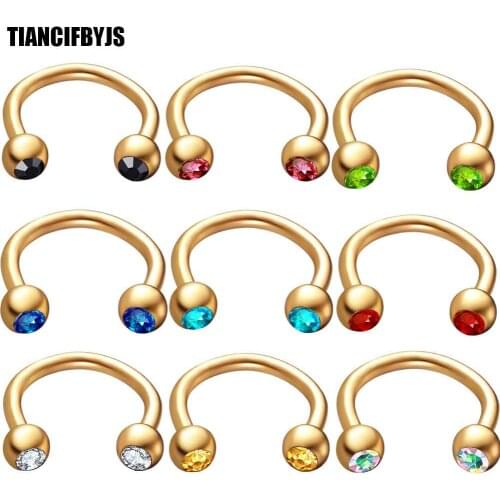 TIANCIFBYJS 316L Surgical Steel CZ Gem Beze Set Gold Nose Ring Horseshoe Hoop Piercing Nose Body jewelry 50pcs mix 10 color