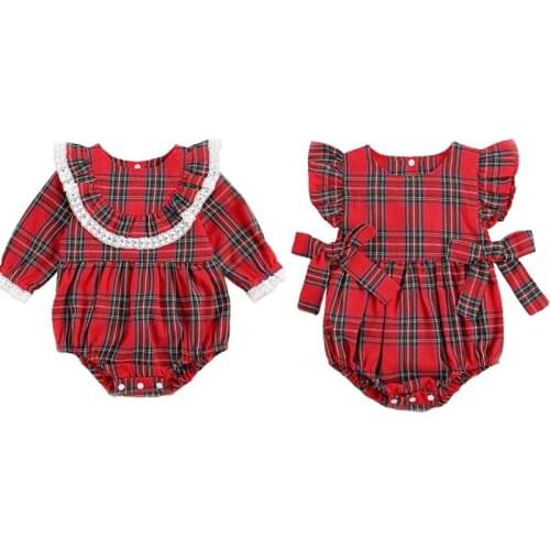 2021 New Baby Girl Christmas Bodysuits Long Sleeve Red Plaid Ruffle Lace Romper Fall Clothes