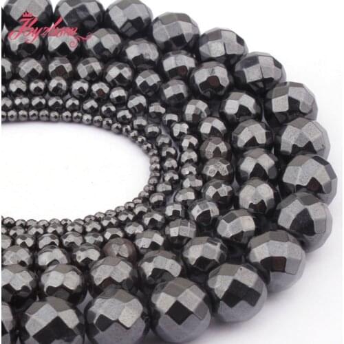 Faceted Hematite Beads Black Round Faceted Stone Spacer Beads 4.6.8.10mm for DIY Women Men Jewelry Making Necklace Bracelet 15"