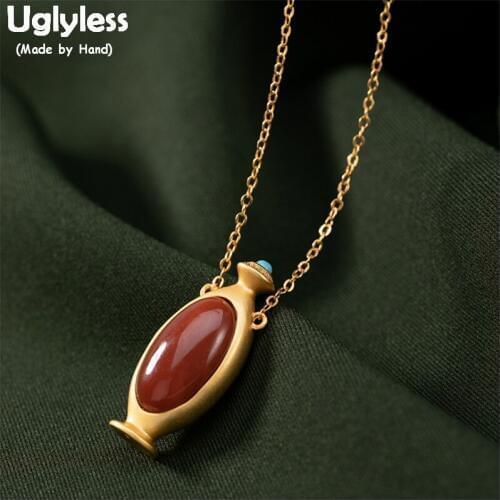 Uglyless Cuties Bottle Pendants for Women Natural Agate Necklaces + Chains Gold Plated 925 Silver Turquoise Fine Jewelry P1124