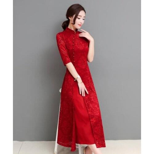 Simple Solid Color Slim Fit Lace Cheongsam Dress Chinese Style Improved Version Fake Two-piece Ladies Daily Dress