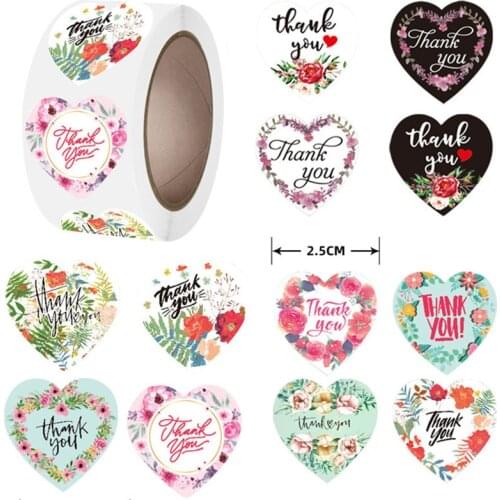 Variety Pretty Heart Shaped Flowers Thank You Stickers Roll 500pcs Labels for Christmas Valentines Day Handmade Gift Decoration