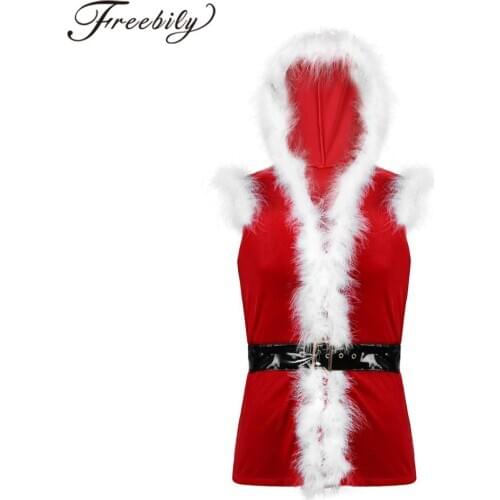 Christmas Clothes Men Velvet Sleeveless Faux Fur Trimming Hooded Coat With Leather Waistband Christmas Dress Up Cosplay Costumes