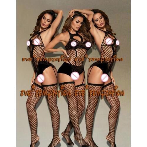 Sexy Womens Sheer and Opaque Halter Open Crotch Bodystocking Low Cut Back Lace Trim Body Stocking Bodysuit Erotic Lingerie A127