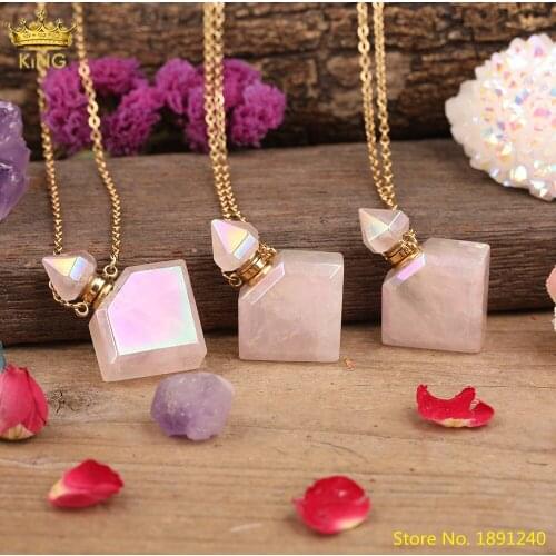 Titanium Rainbow Natural Pink Roses Quartz Diamonds Essential Oil Perfume Bottle Pendant Necklace Meditation Jewelry For Women